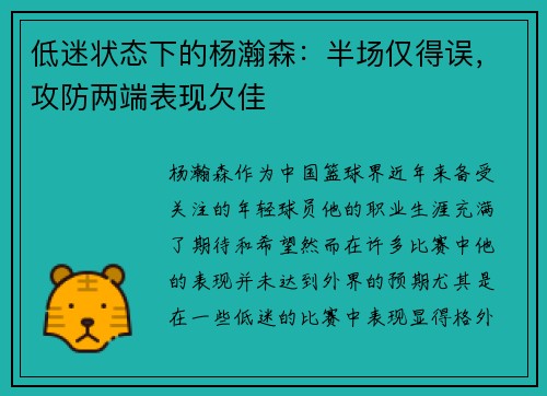 低迷状态下的杨瀚森：半场仅得误，攻防两端表现欠佳