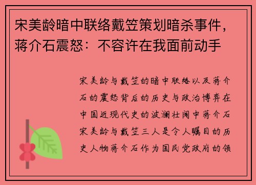 宋美龄暗中联络戴笠策划暗杀事件，蒋介石震怒：不容许在我面前动手