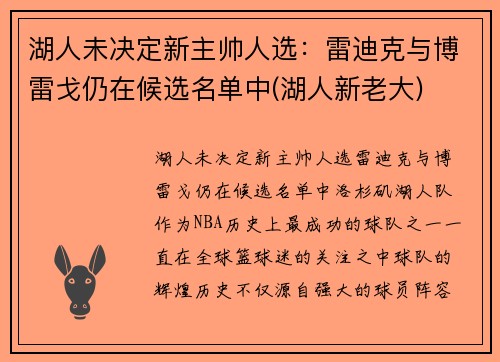 湖人未决定新主帅人选：雷迪克与博雷戈仍在候选名单中(湖人新老大)