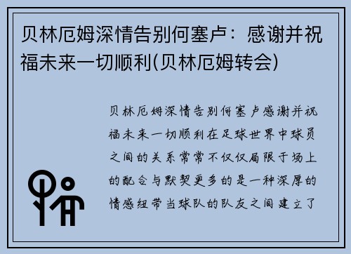 贝林厄姆深情告别何塞卢：感谢并祝福未来一切顺利(贝林厄姆转会)