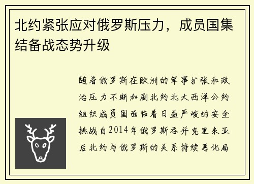 北约紧张应对俄罗斯压力，成员国集结备战态势升级